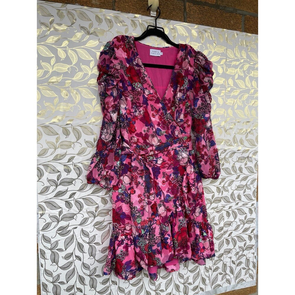 Tanya Taylor Pink Floral Silk-Look Wrap Dress Puff Sleeve Romantic Gardencore 12 - Picture 3 of 12